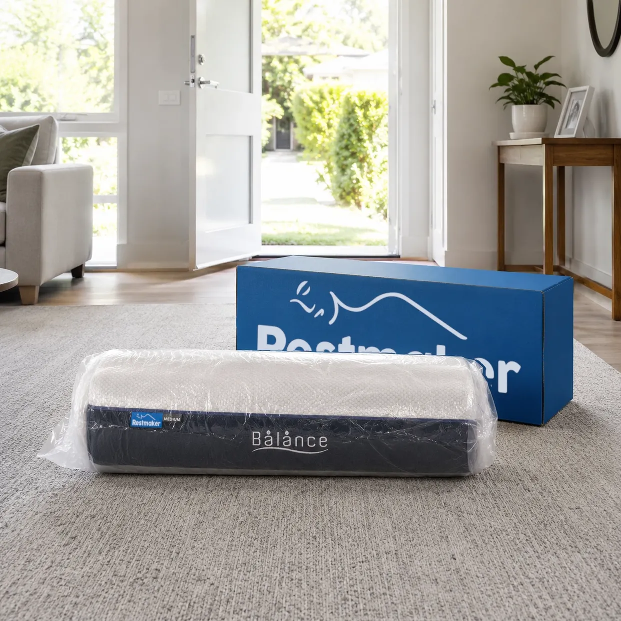 Restmaker BALANCE MEDIUM mattress in box, compressed and sealed for delivery