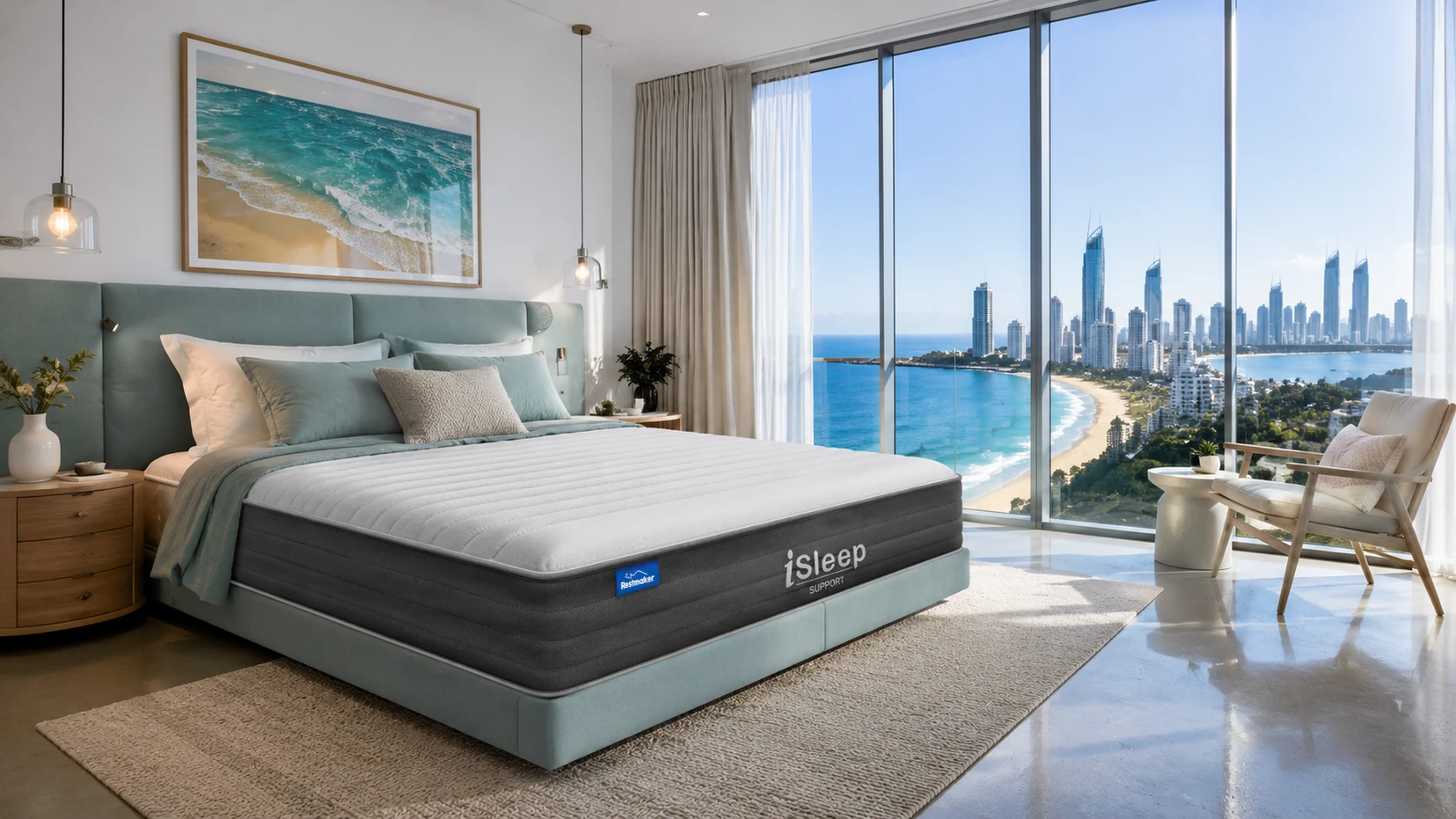 Aerial view of a Restmaker affordable medium-firm mattress on a made bed in a sunlit Australian bedroom showing complete sleep setup