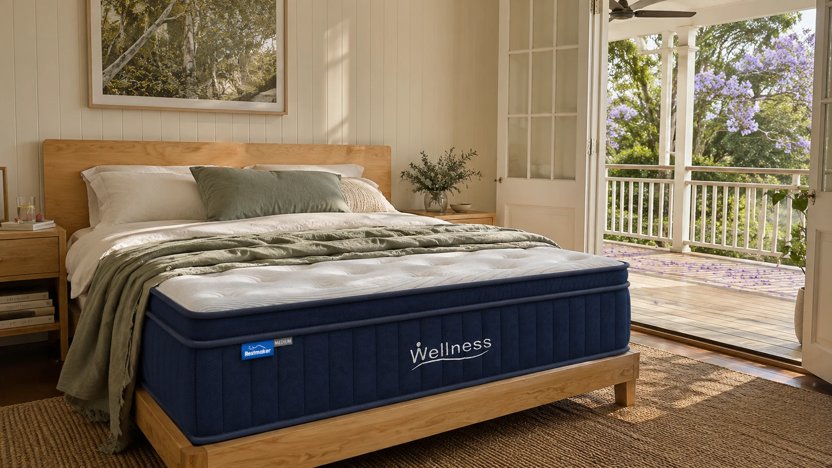 Close-up of a hand pressing into a gel-infused foam comfort layer on a Restmaker mattress showing responsive push-back and cool surface with back pain mattress recommendation