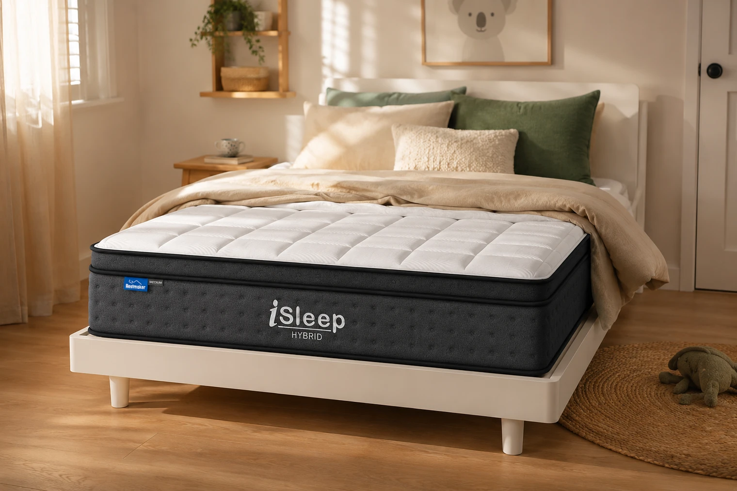 iSLEEP Hybrid mattress in a sunlit kid's bedroom with neutral linen and timber floor queen size bed sheet size