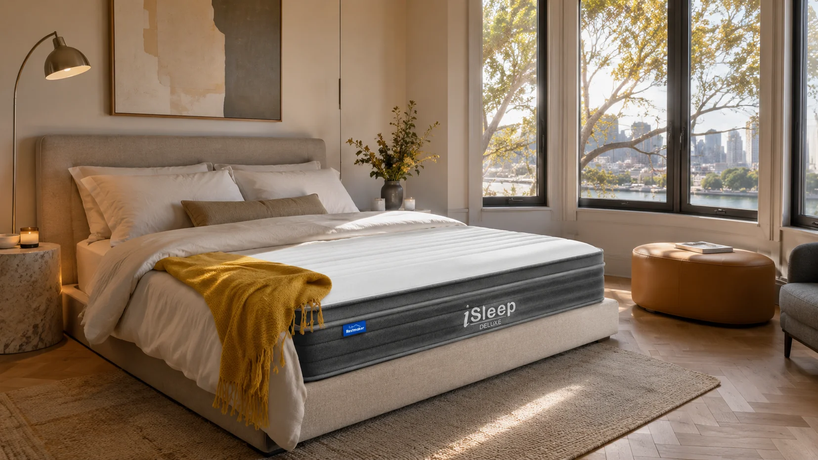 Conceptual illustration of one adult resting on the firm iSleep Support mattress over a supportive bed base.
