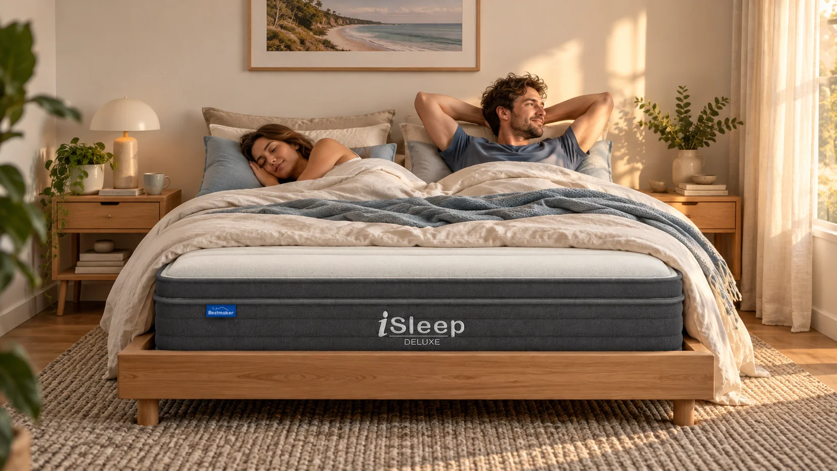 Conceptual illustration of two adults resting on the iSleep Deluxe mattress in a calm bedroom purchase from best mattress in a box Australia at Restmaker.au