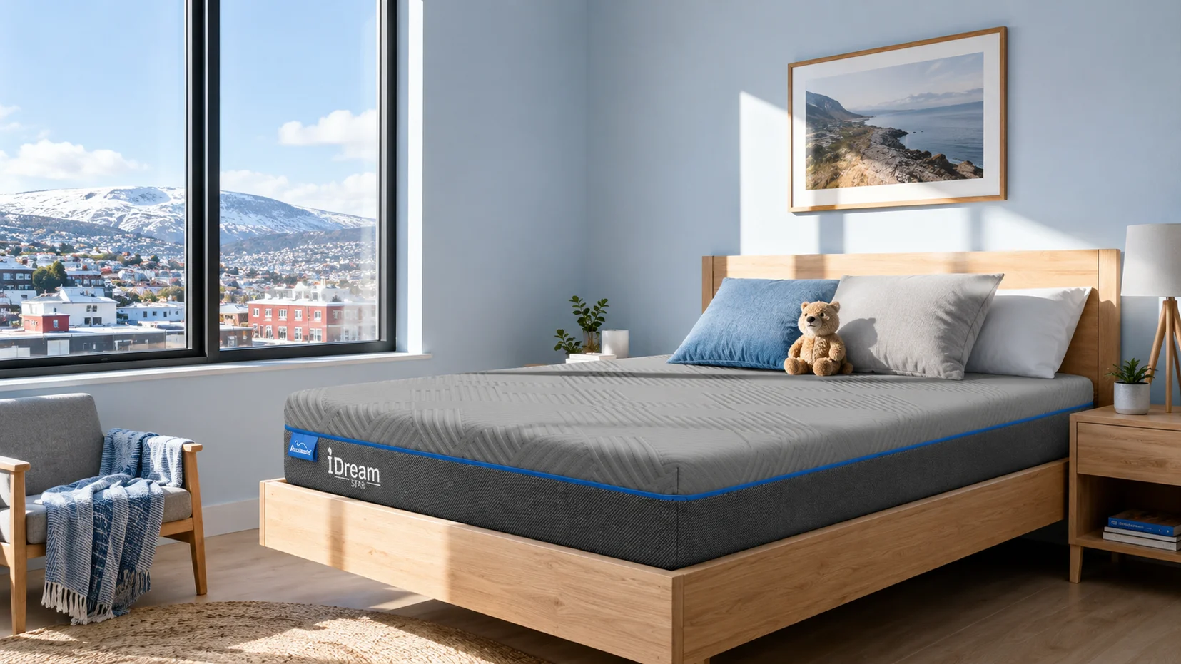 Illustration of five mattress styles arranged in a calm Australian bedroom showroom