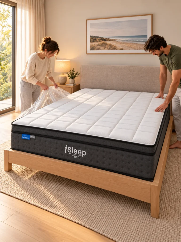 The best hybrid mattress Australia in hand of couple prepairing their sleep tonight after purchased from Restmaker