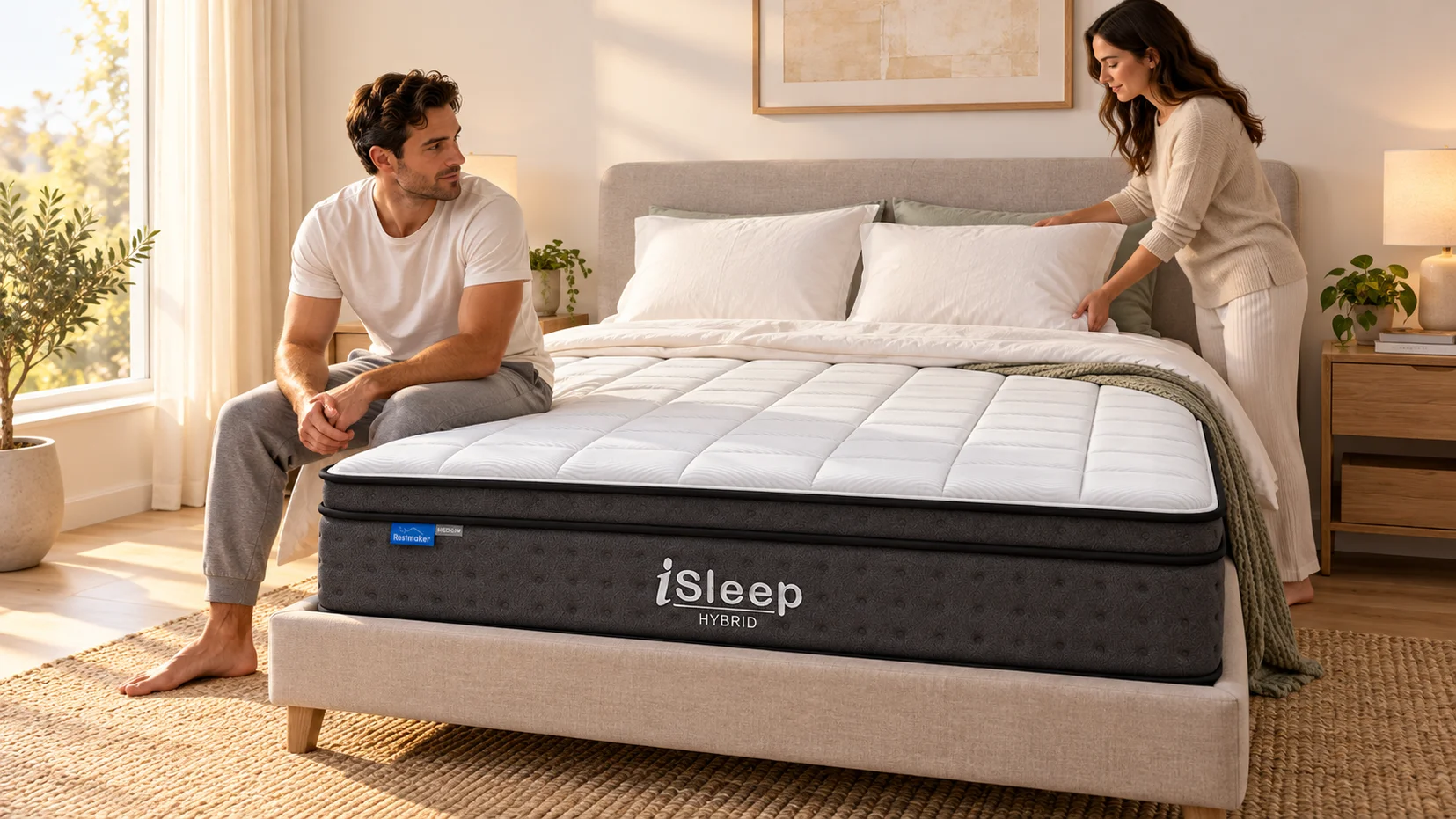 Illustration of an iSleep Hybrid Medium mattress with two adults checking the bed in a functional bedroom setting.