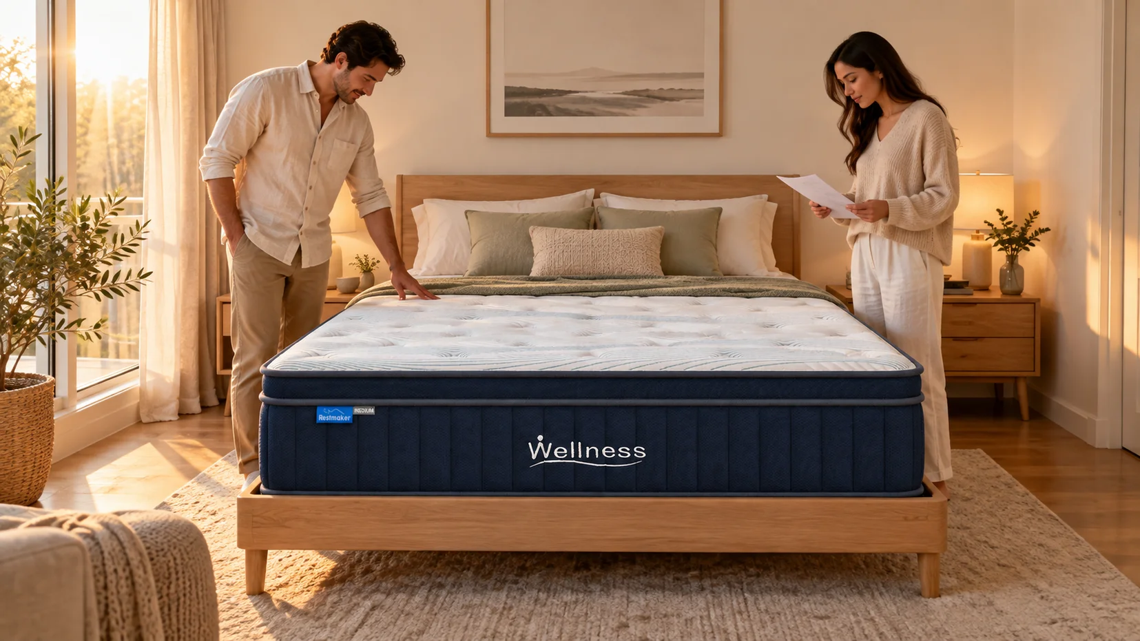 Illustration of a Wellness Medium mattress while two adults review its written specification in a contemporary bedroom with searching the best king size mattress Australia