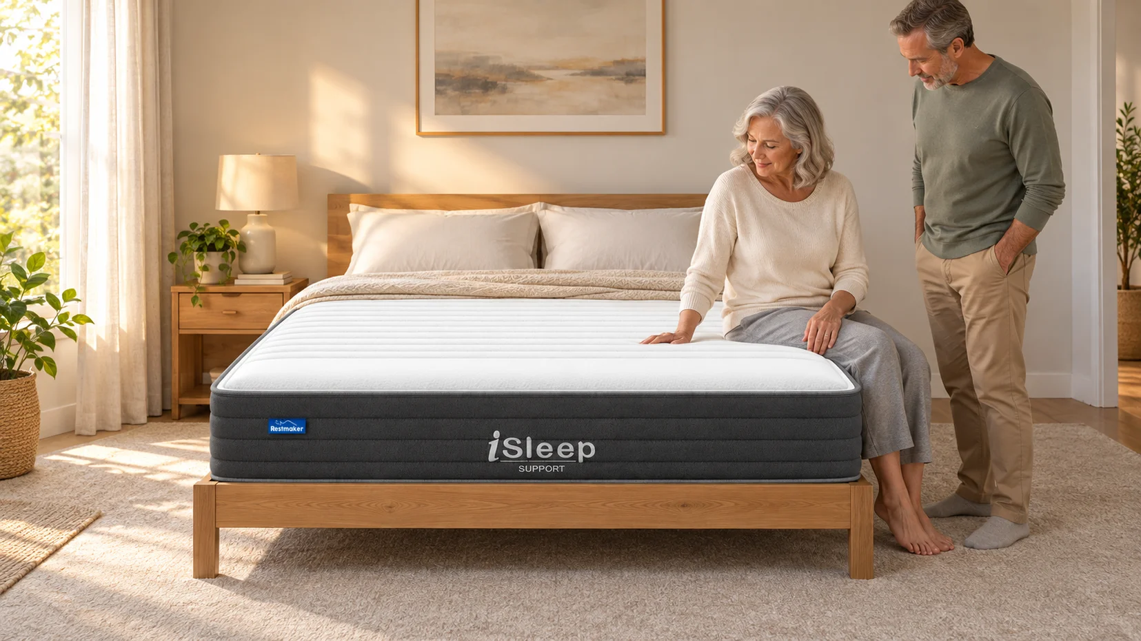 Conceptual illustration of an older adult and another adult inspecting an iSleep Support mattress