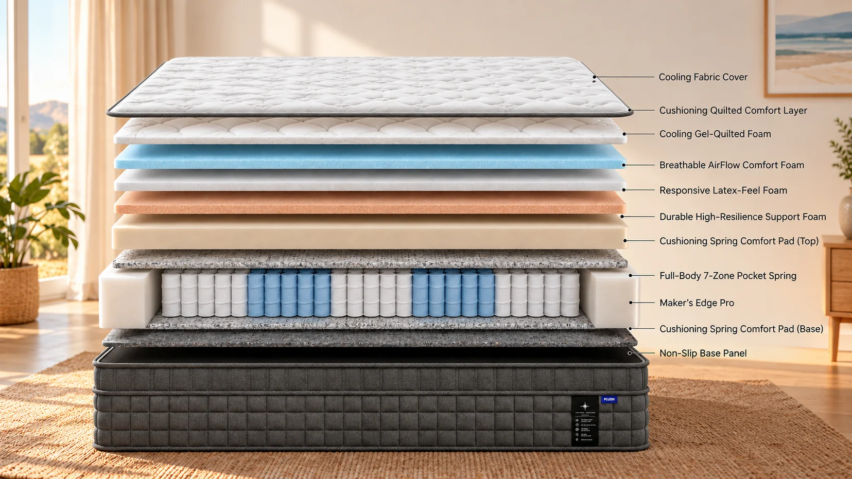 Conceptual exploded diagram showing the verified top-to-bottom layers and perimeter edge of Natural Comfort Plush