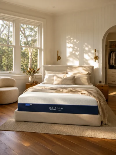 Motion-isolating mattress in a contemporary bedroom offering a stable sleep surface with minimal disturbance from partner movement