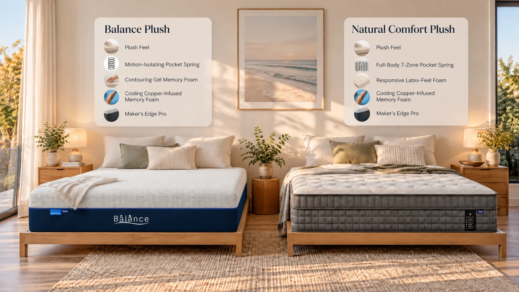 Conceptual side-by-side feature comparison of Balance Plush and Natural Comfort Plush mattresses for comparing mattress firmness for stomach sleepers