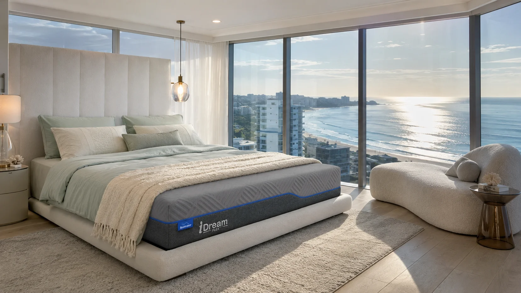 Conceptual illustration of the iSleep Support firm mattress with reinforced edges beside a bed base in a bright Australian bedroom.