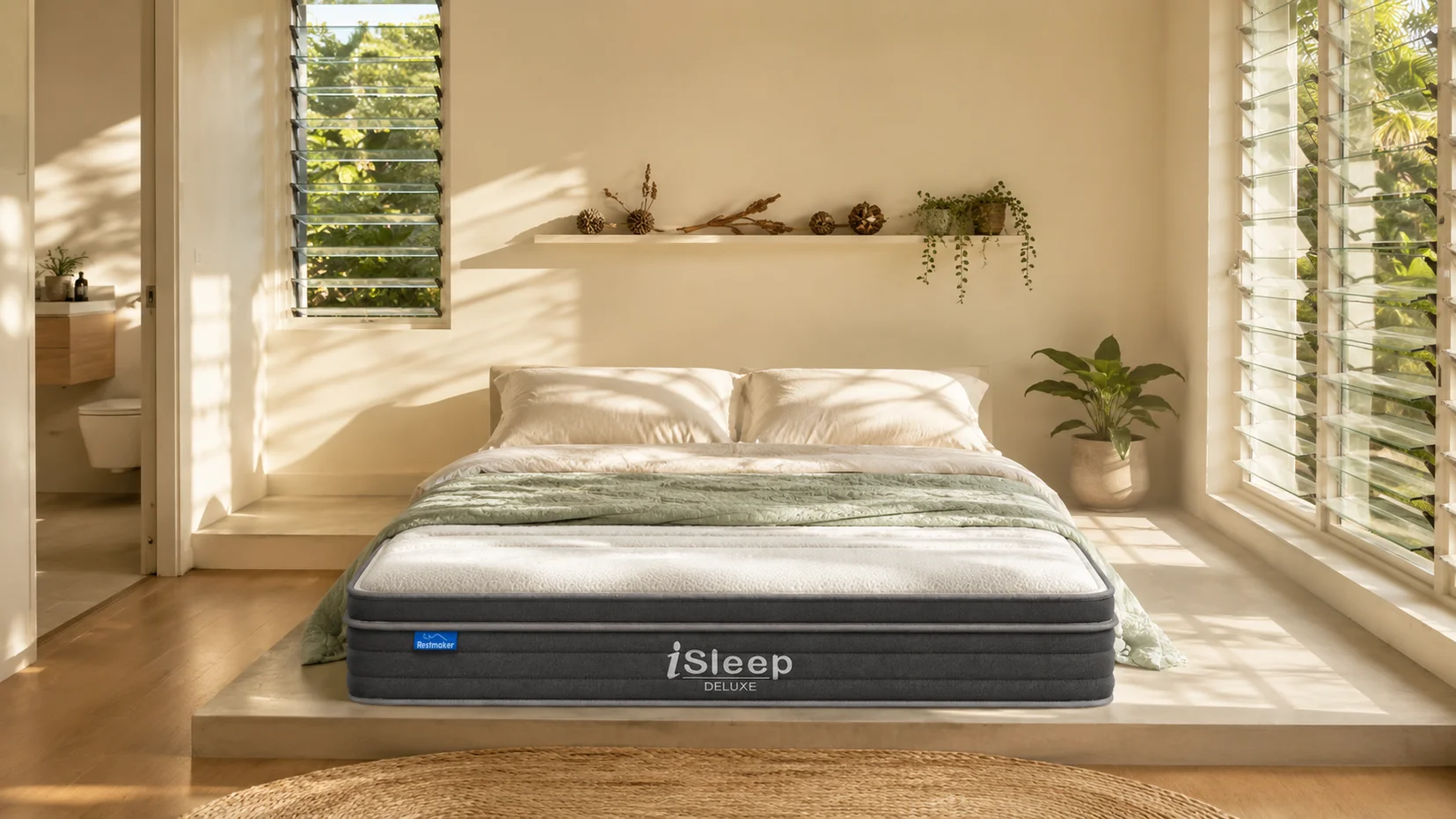 Illustration of a removable mattress cover and neatly layered bedding in a compact bedroom