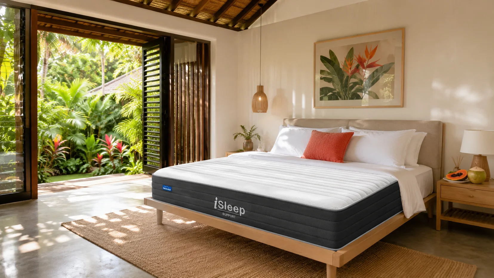 Illustration of a couple assessing bedroom space around an iSleep Deluxe mattress