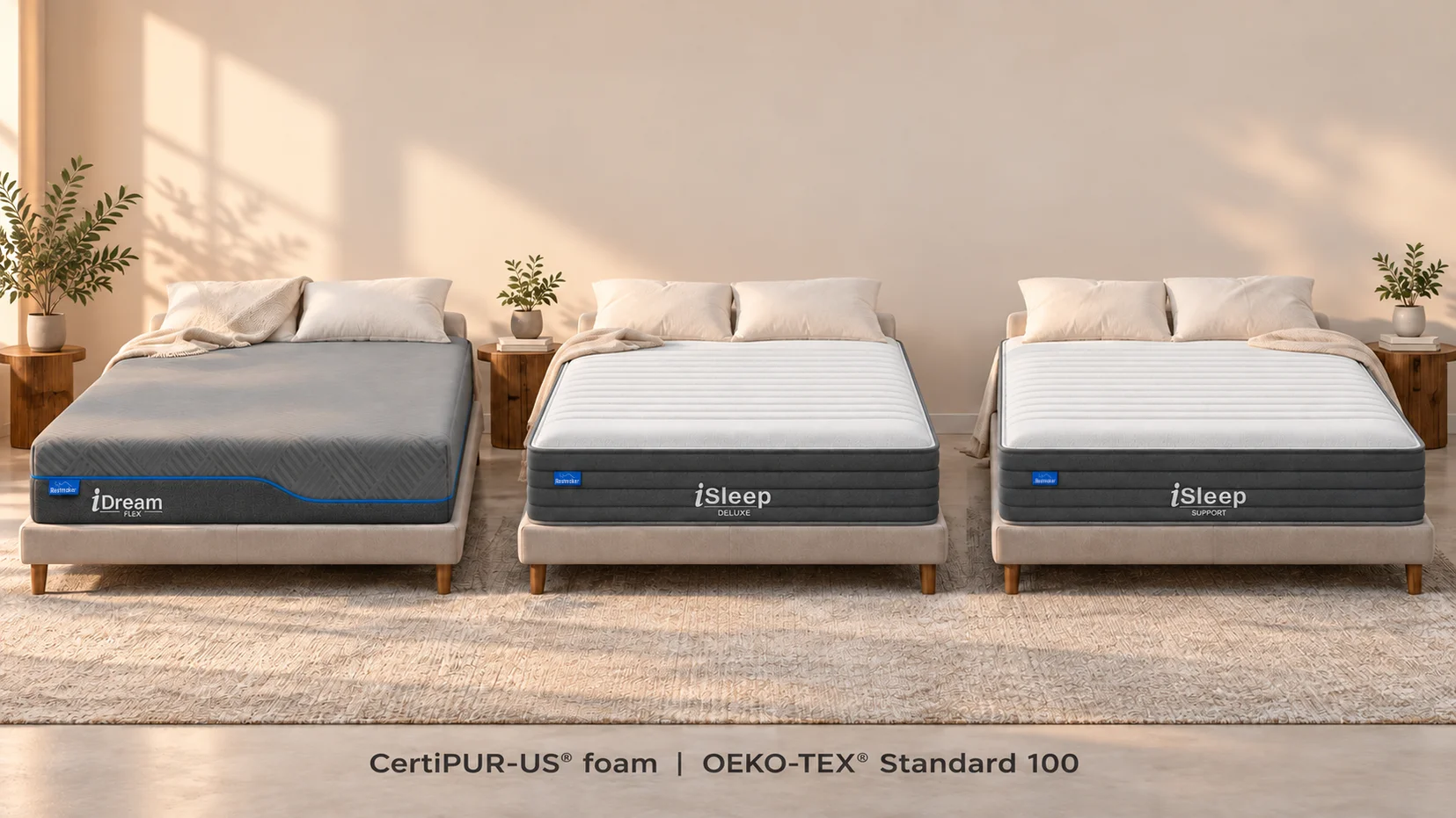Editorial comparison illustration of iDream Flex, iSleep Deluxe and iSleep Support mattresses presented without sales labels.