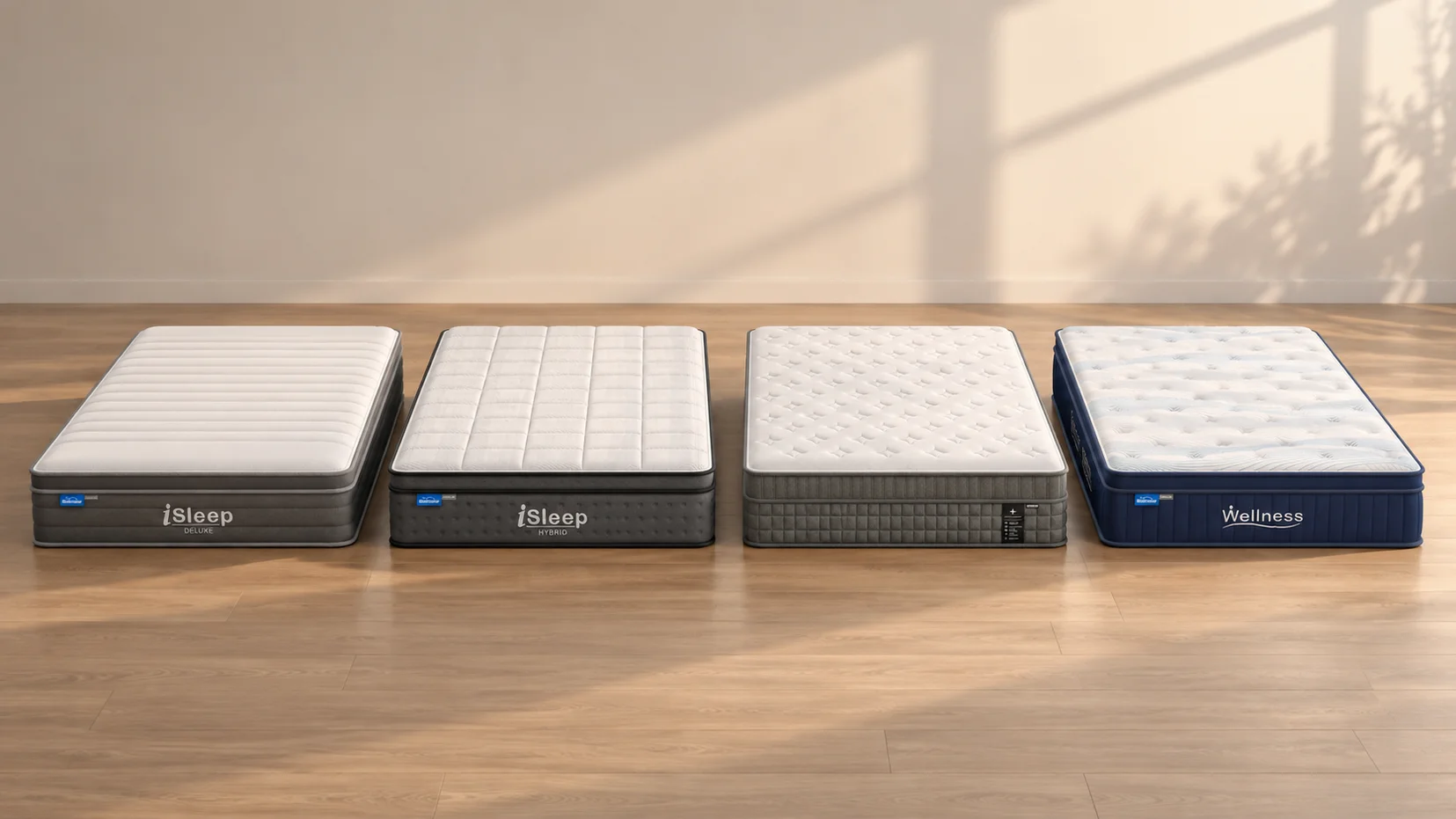 Illustration comparing the iSleep Deluxe, iSleep Hybrid Medium, Natural Comfort Medium and Wellness Medium mattress designs on queen vs king mattress size Australia