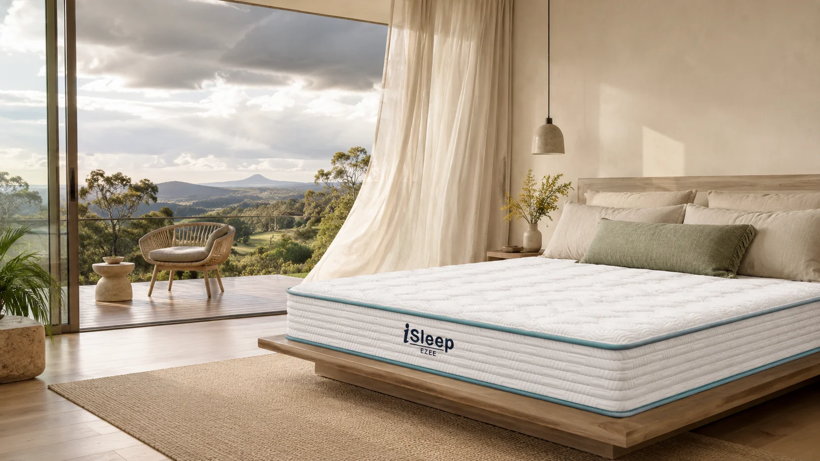 Illustration of a couple comparing mattress feel at the edge of a bed to choose cheap mattress Sydney under 500