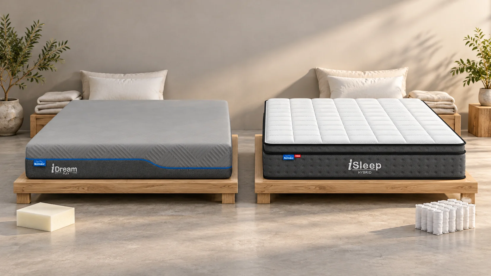 Conceptual studio comparison of iDream Flex and iSleep Hybrid Firm mattresses with foam and coil material samples for firm vs medium firm mattress back pain