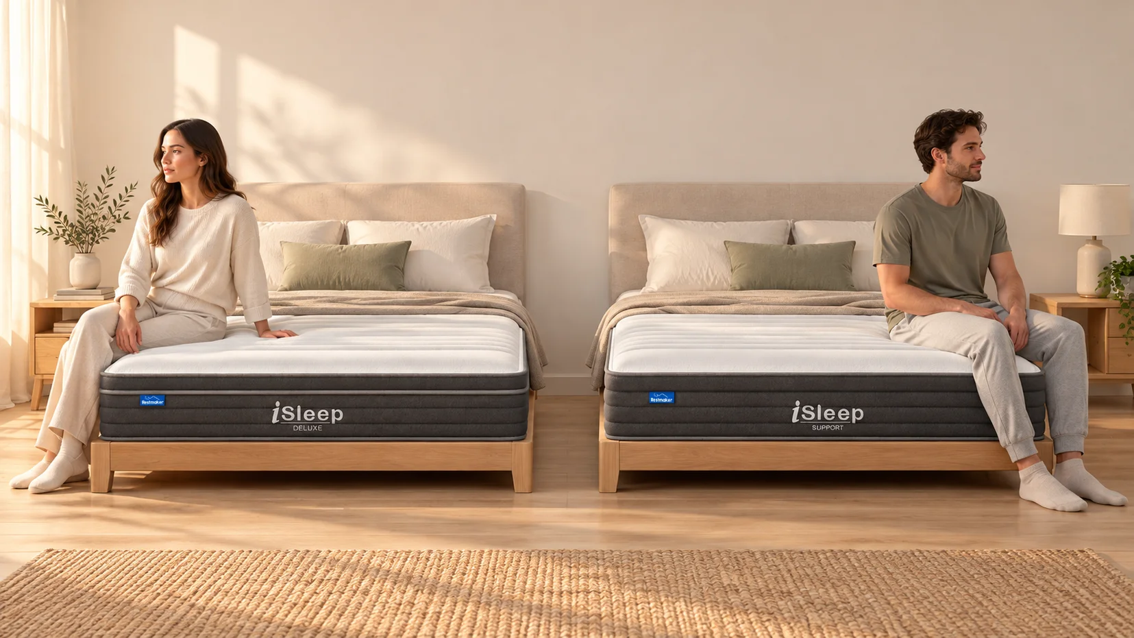 Conceptual comparison of iSleep Deluxe and iSleep Support mattresses with two adults testing each surface for orthopedic mattress Australia