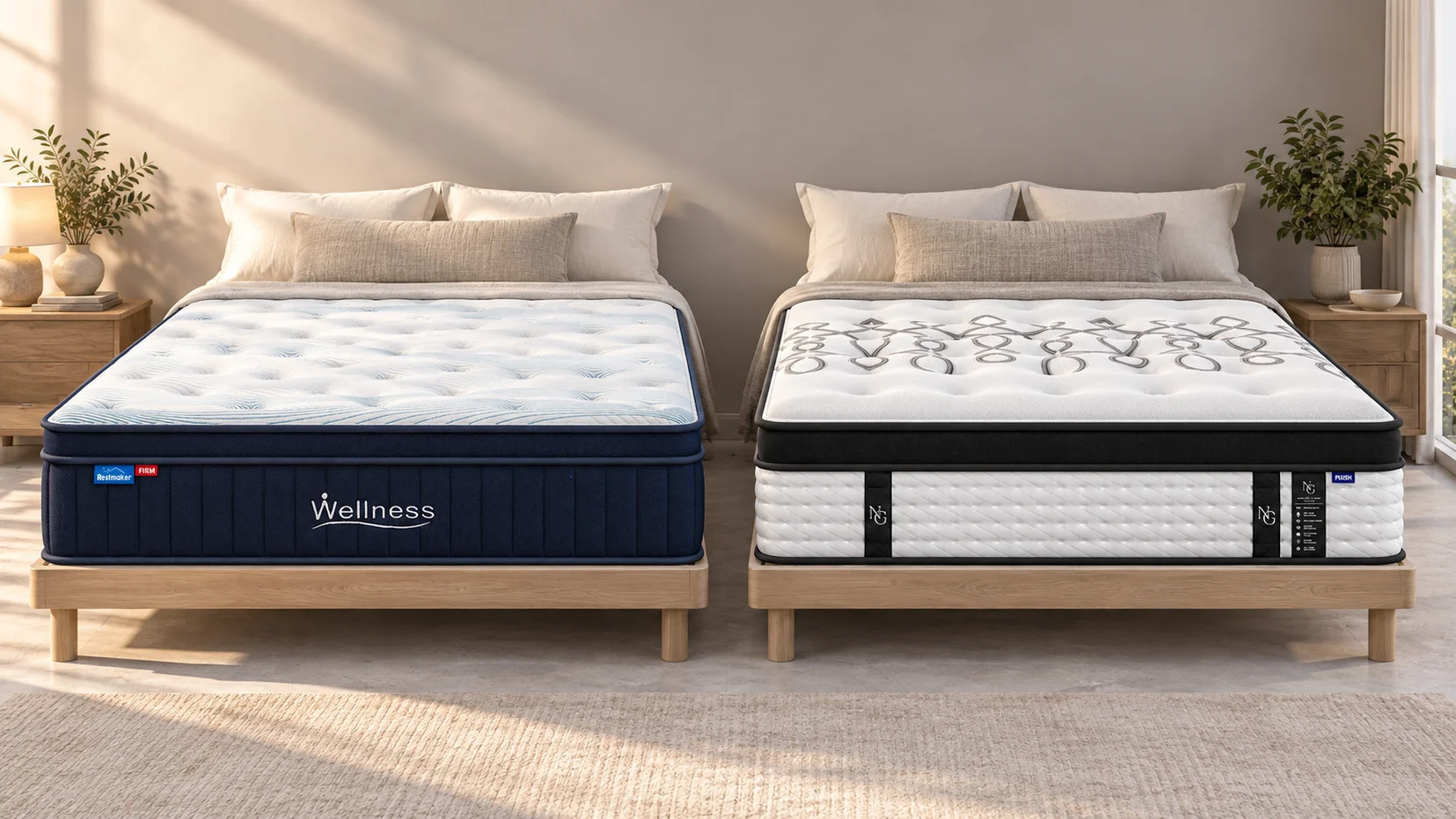 Exterior construction comparison of Wellness Firm and Nature’s Gift Plush to be best mattress feel for sleeping positions