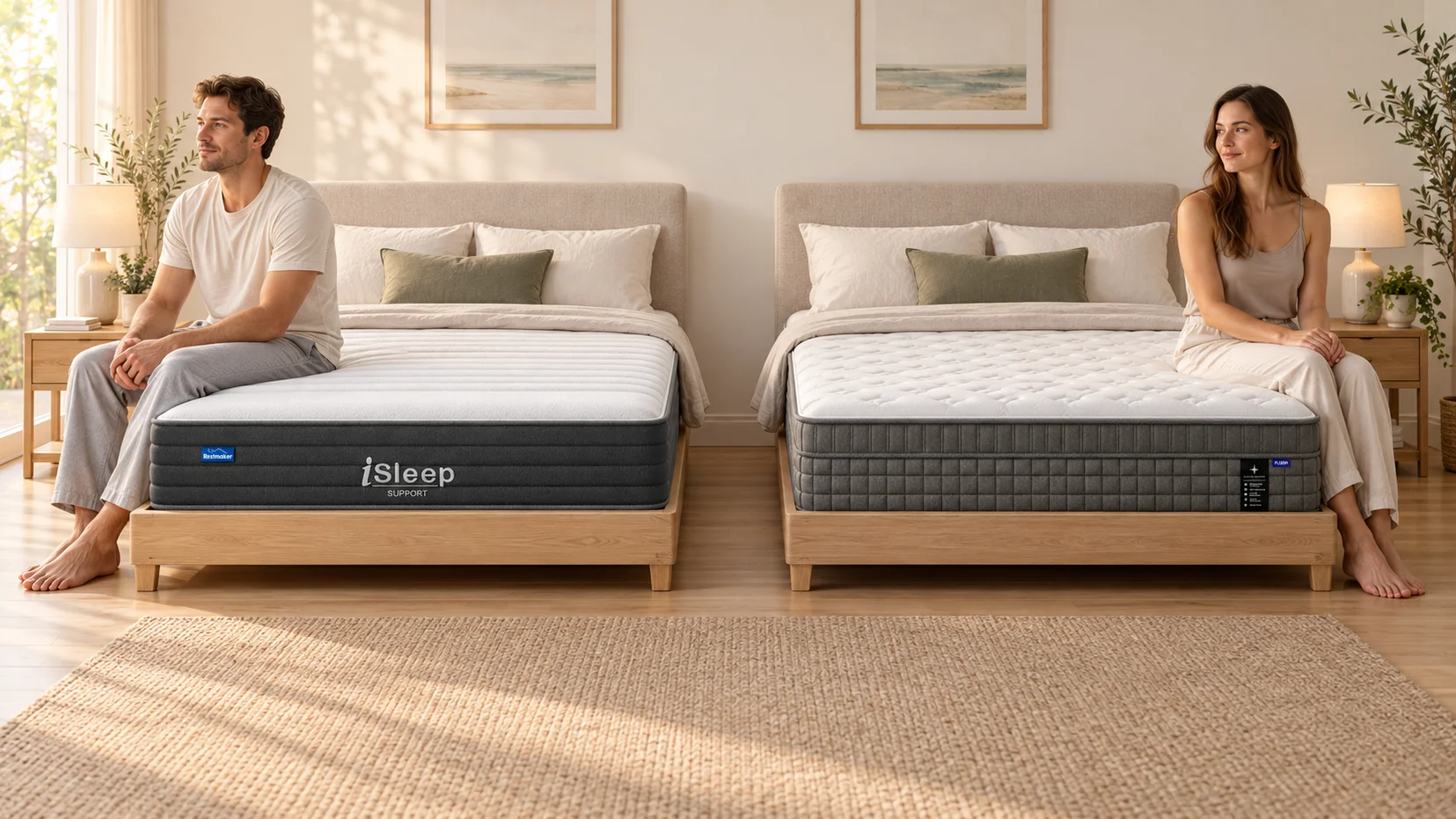 Illustration comparing firm vs plush mattress feel Australia the surface feel of iSleep Support and Natural Comfort Plush at Restmaker