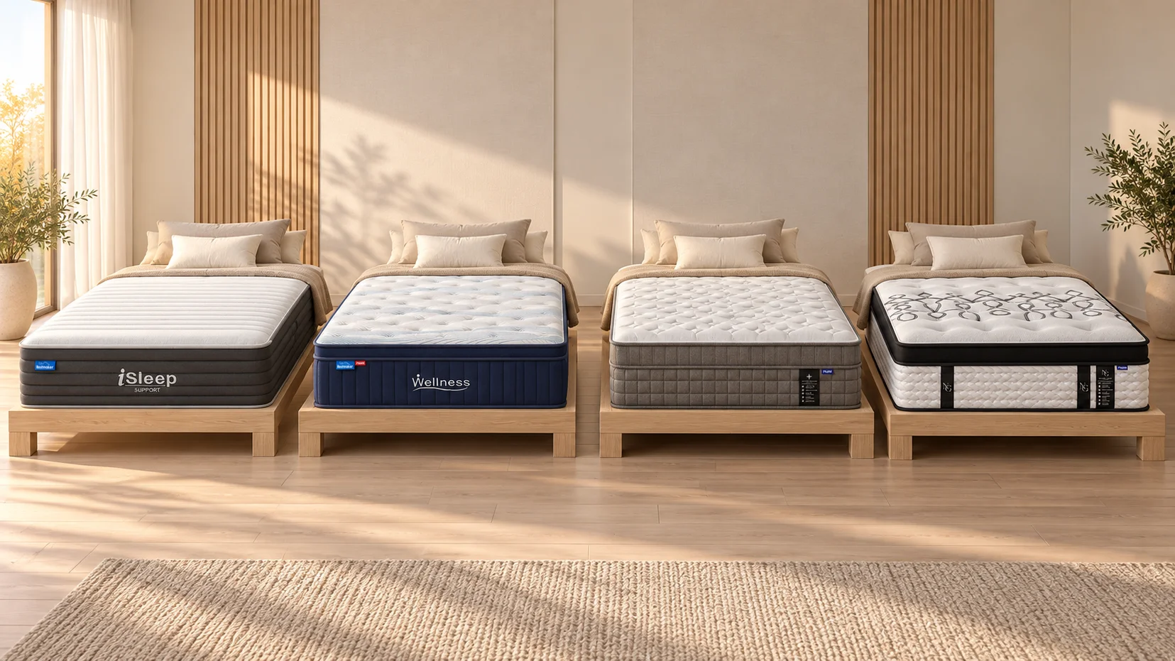 Four Restmaker product examples arranged for a firm and plush comparison within firm vs plush mattress feel Australia