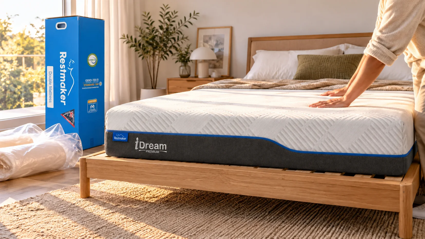 Conceptual first-use setup of the iDream Premium mattress with neutral protective packaging in an Australian apartment with Restmaker best mattress for back sleepers