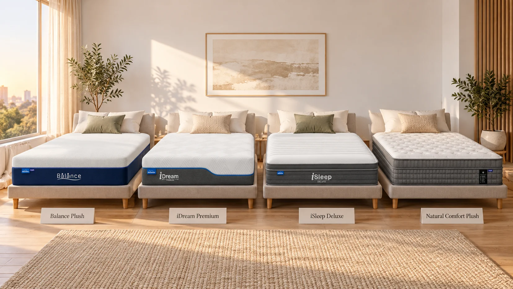 Conceptual comparison of Balance Plush, iDream Premium, iSleep Deluxe and Natural Comfort Plush mattresses in an Australian apartment for testing the best mattress for side sleepers Australia