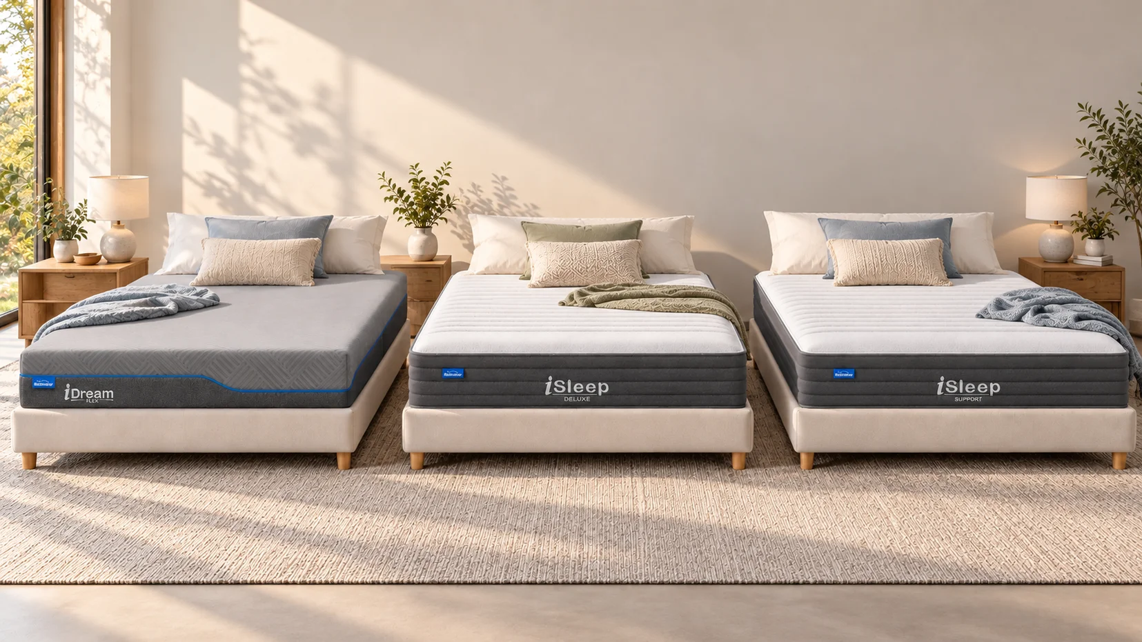 Conceptual side-by-side view of the iDream Flex, iSleep Deluxe and iSleep Support mattresses within mattress in a box vs traditional mattress