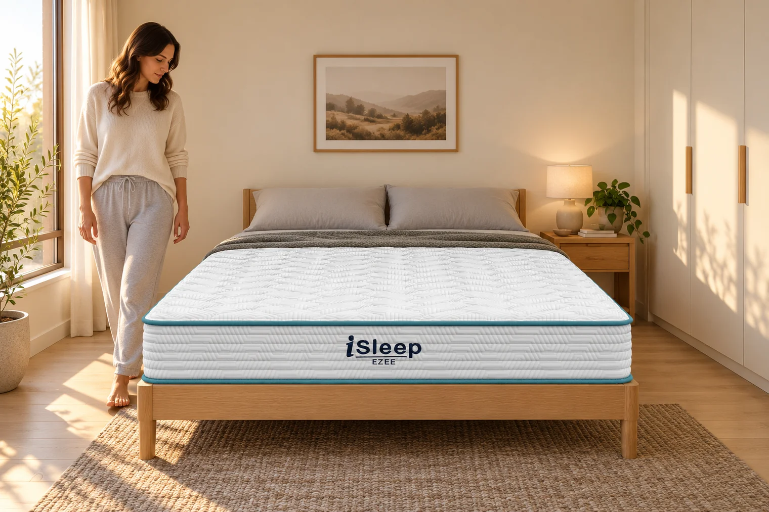 Illustration of two procurement staff reviewing a room fitted with iSleep Support mattresses