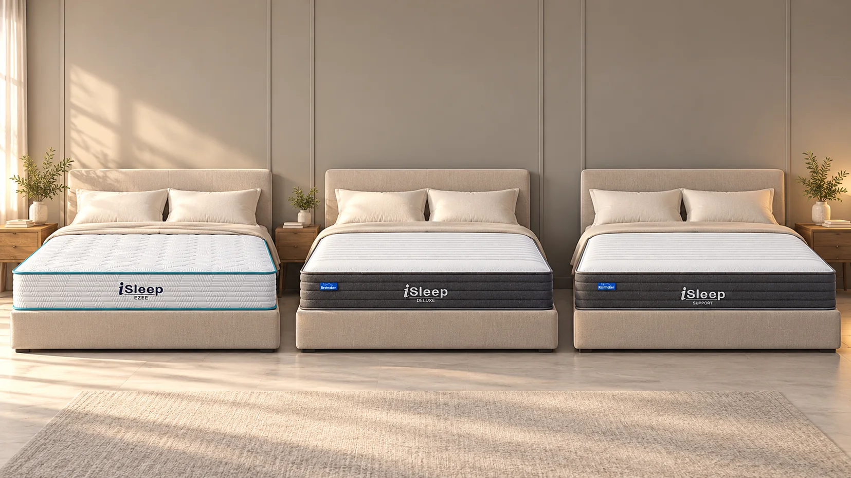 Illustration comparing iSleep Ezee, iSleep Deluxe and iSleep Support mattresses in a neutral display setting of mattress size guide Australia
