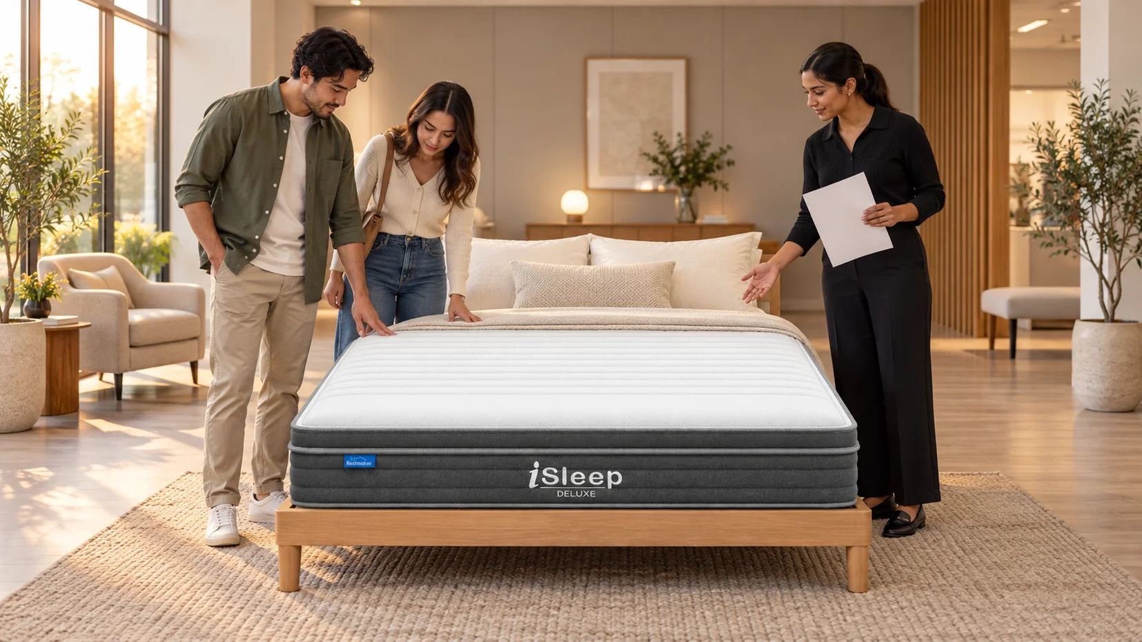 Editorial illustration of two shoppers discussing an iSleep Deluxe mattress with a store assistant in a mattress store Campbelltown
