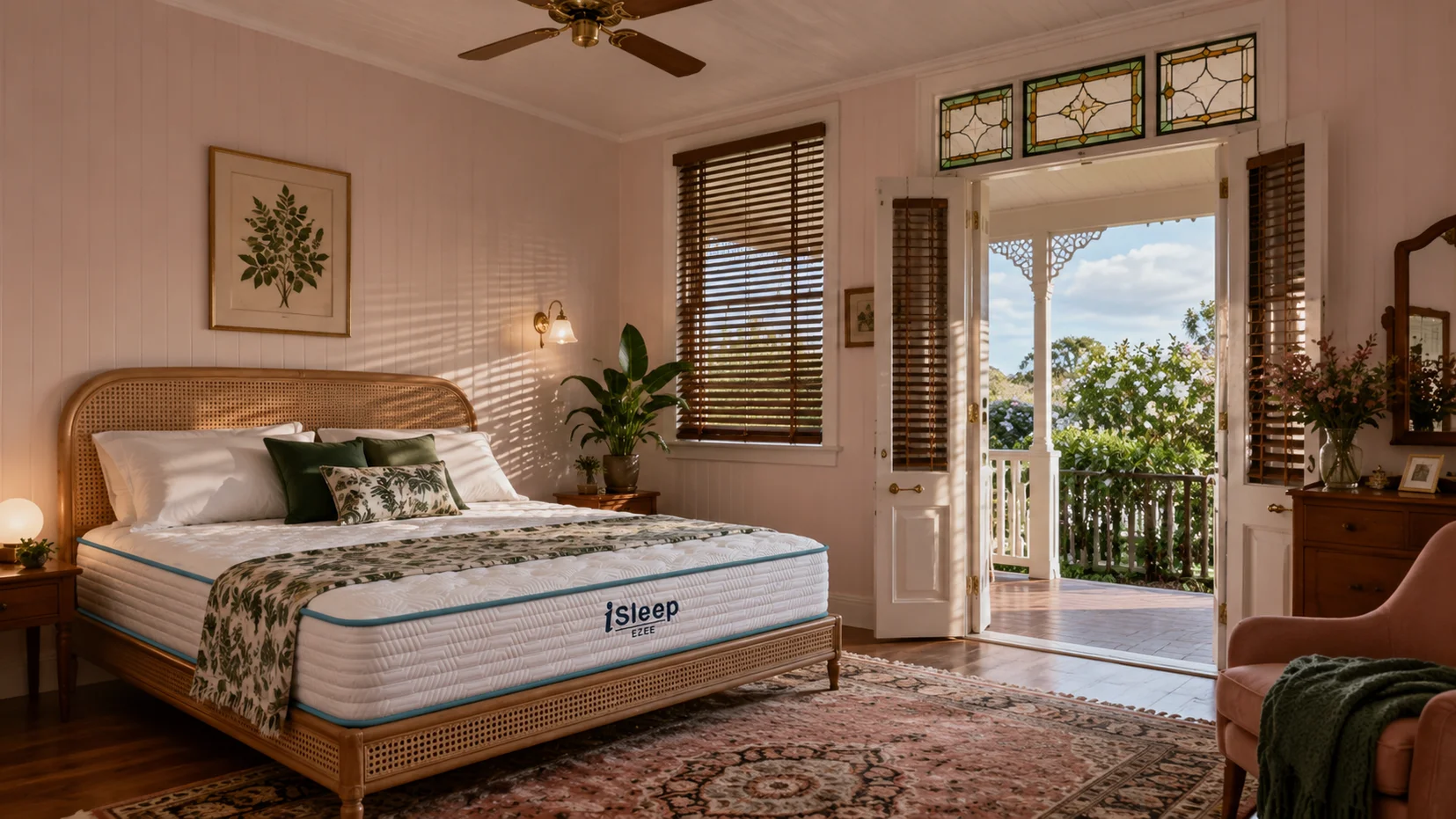 Illustration of one adult checking walking space around an iSleep Ezee mattress in a compact bedroom within mattress prices Australia