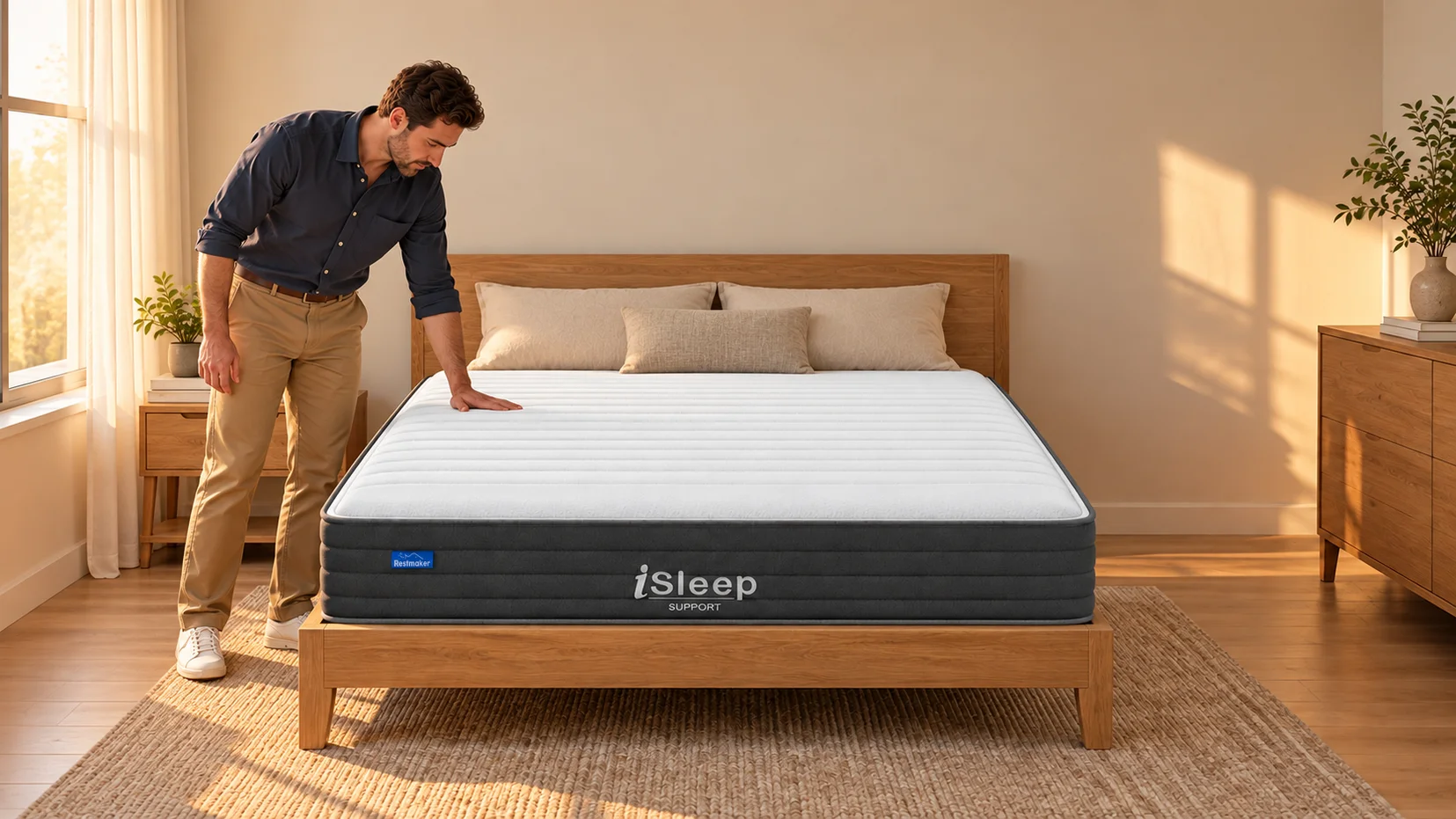 Editorial illustration of procurement staff reviewing records beside an iSleep Support mattress in a sample room after buy mattress Macarthur Wollondilly