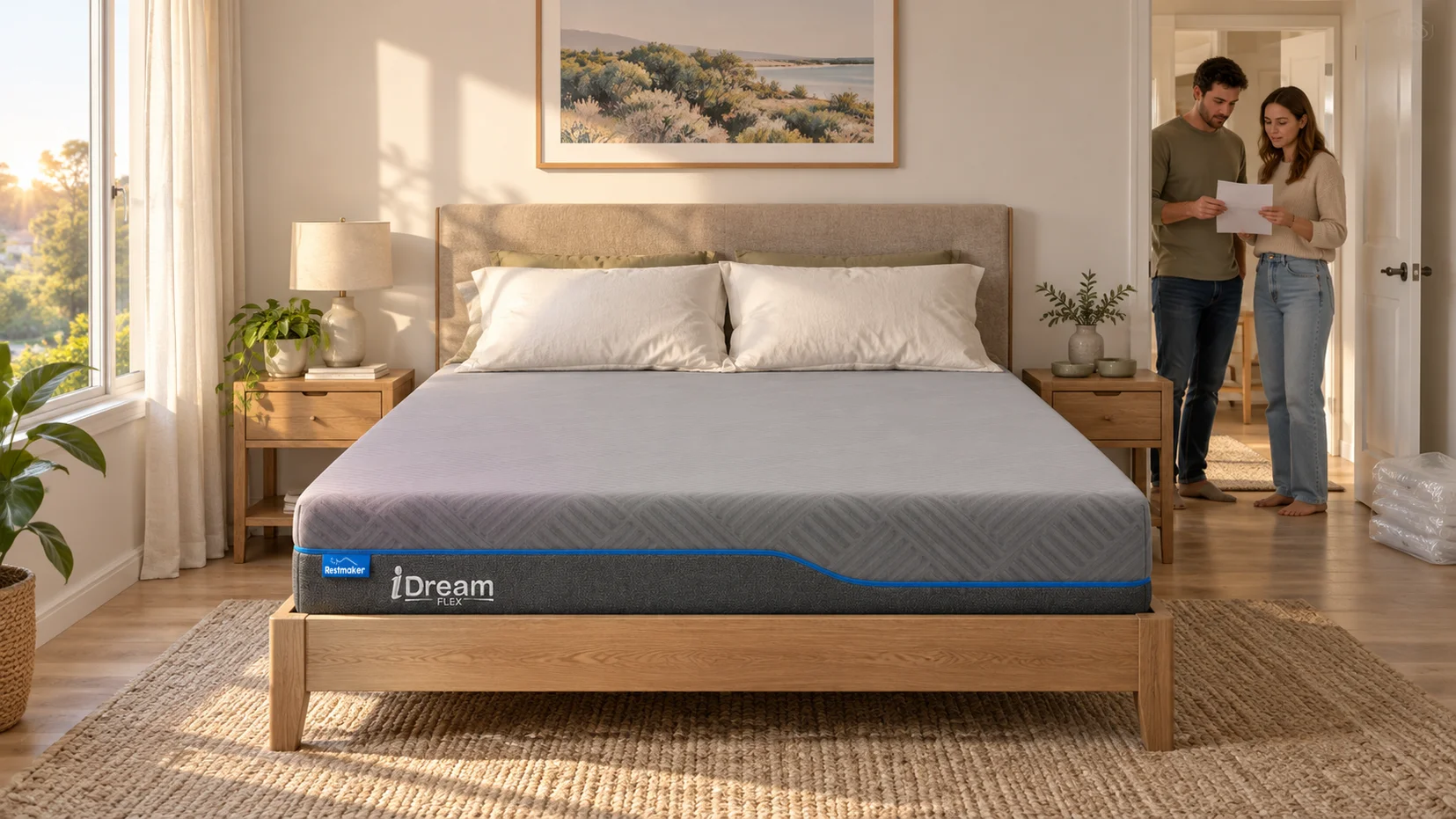 Editorial illustration of an iDream Flex mattress airing in a ventilated bedroom while two adults review product information from mattress shop near me