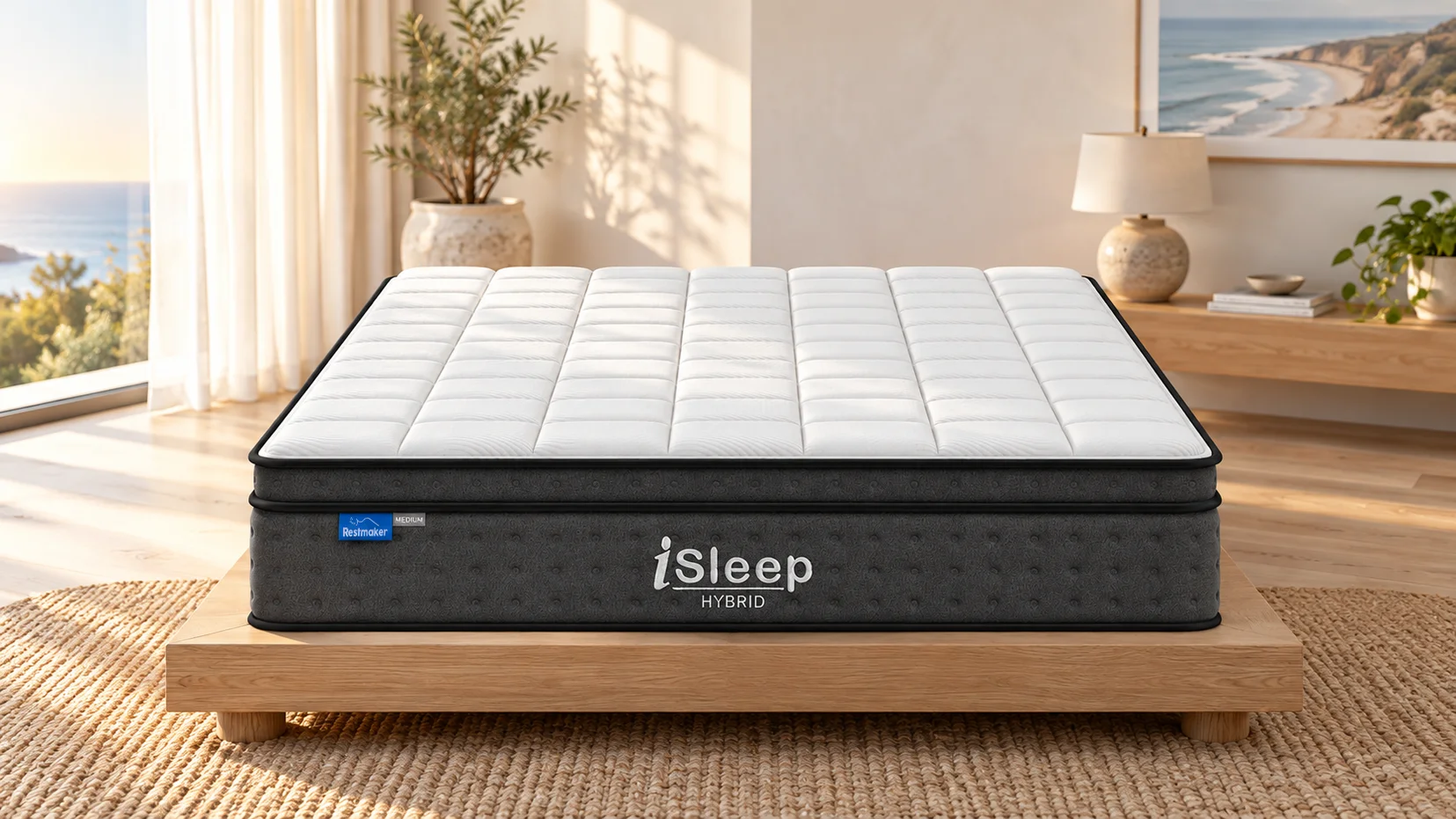 Conceptual close-up of the iSleep Hybrid Medium cover, quilted surface and perimeter edge support.
