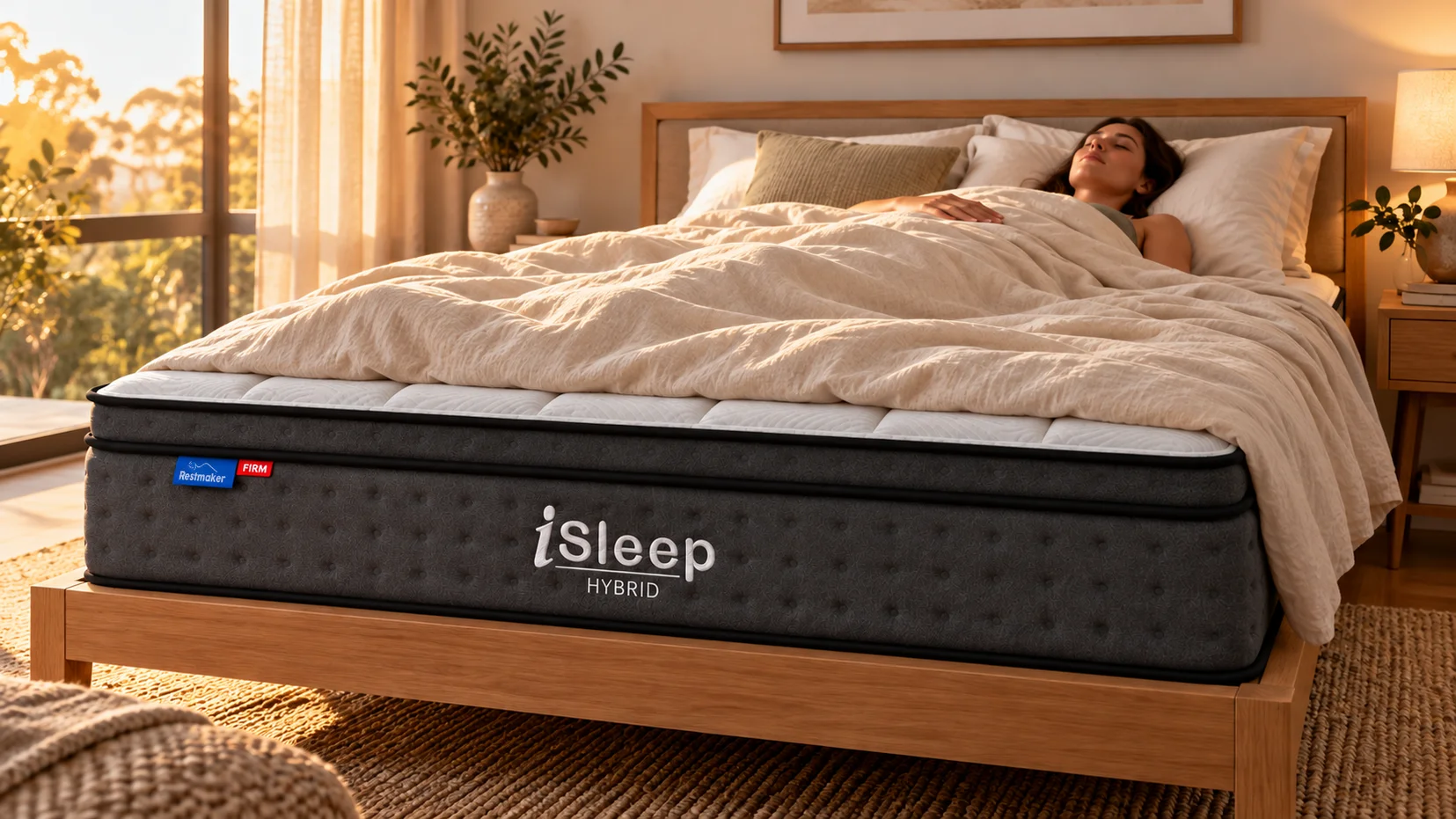 Conceptual Australian bedroom scene with a back sleeper using the iSleep Hybrid Firm and not natural latex mattress Australia