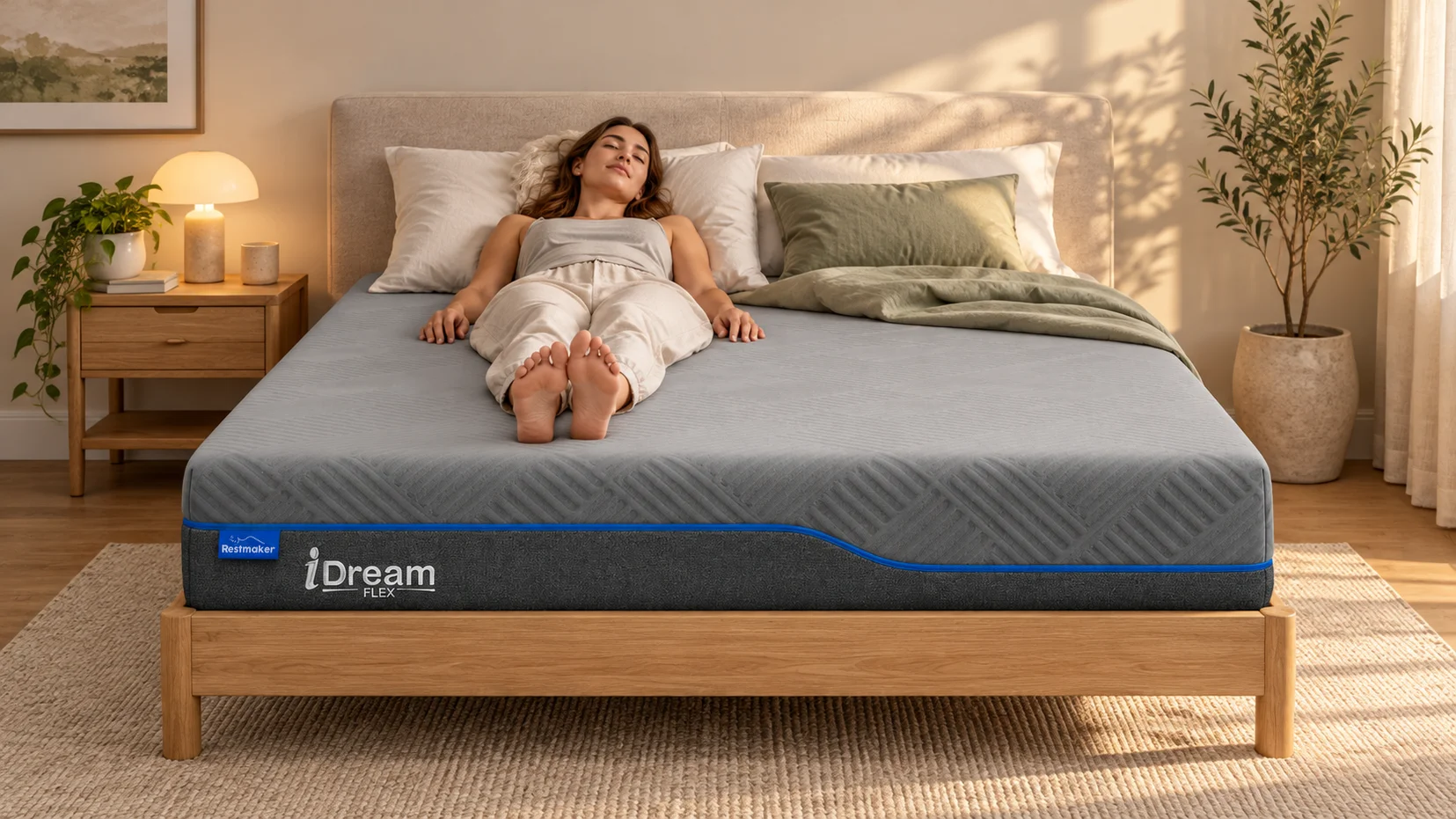 Conceptual illustration of an adult calmly assessing an iDream Flex mattress in a simple bedroom