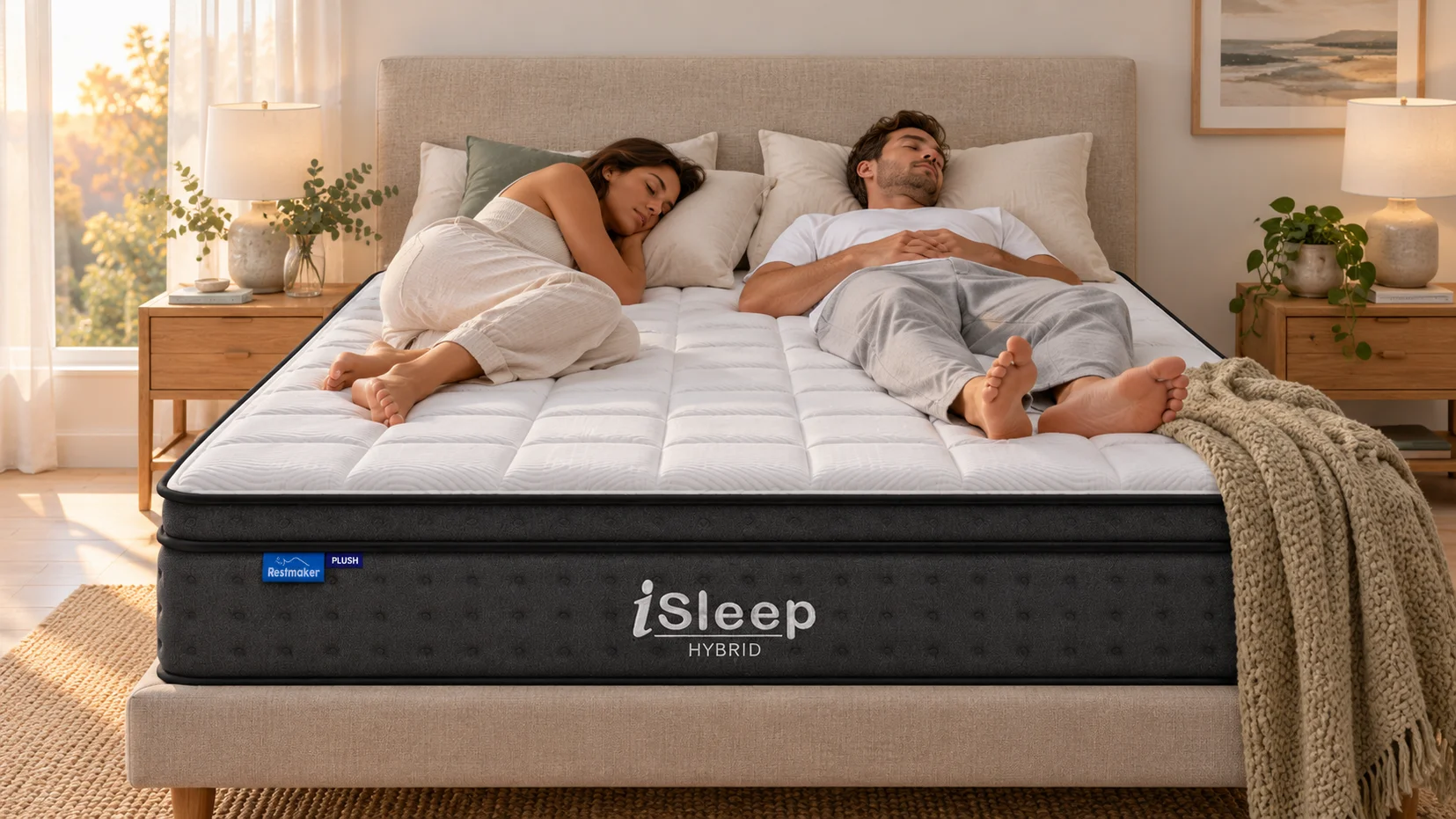 Conceptual comparison of the iSleep Hybrid Firm, Medium and Plush mattresses in an Australian bedroom with a couple.